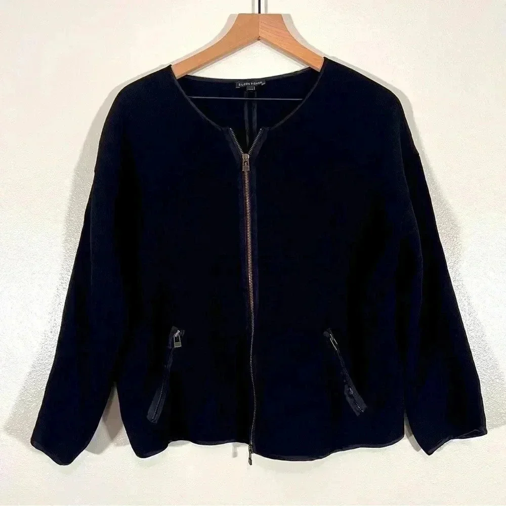 Eileen Fisher Black Textured Zip Jacket